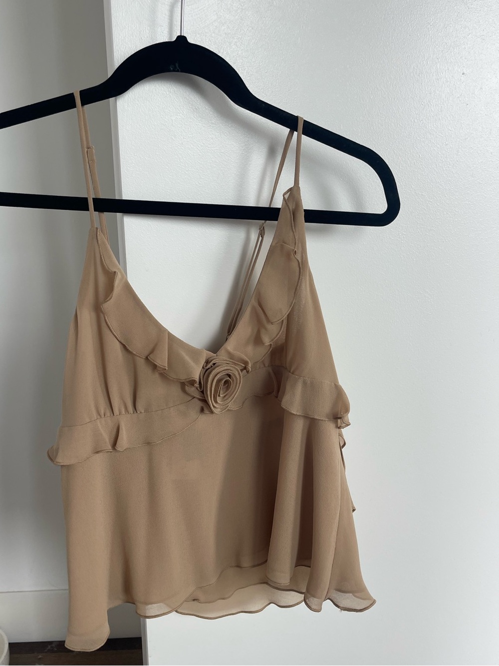 Aritzia Womens Beige Ruffle Camisole with Floral Detail